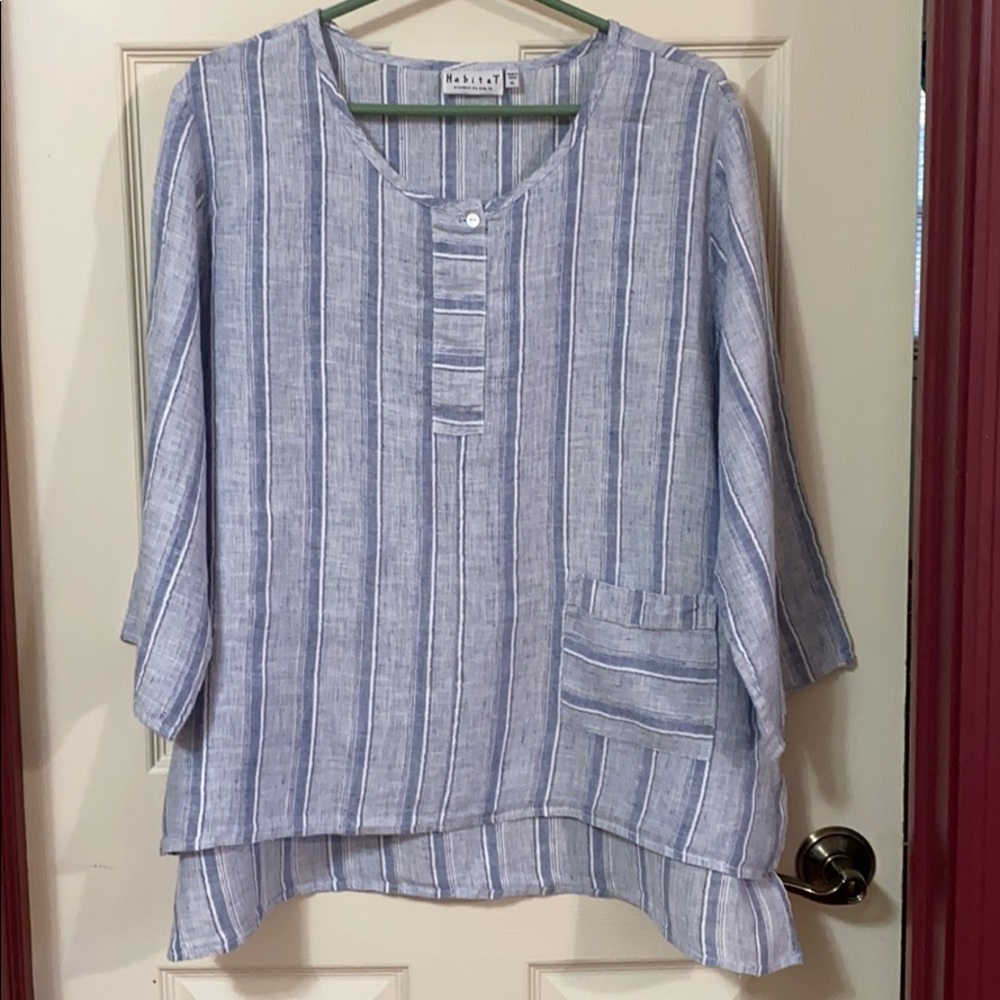Habitat Blue White Striped Linen Hi Lo Top Size XL